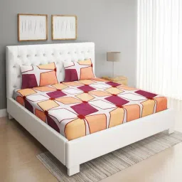 Romee Geometric Cream & Orange 144 TC Cotton Queen Sized Bed Sheet with 2 Pillow Covers-15