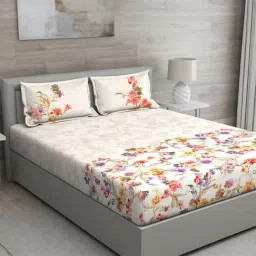GM 'Matthiola' Beige Cotton 150 TC Double Bedsheet with 2 Pillow Covers-15