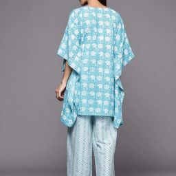Libas Turquoise Cotton Printed Kaftan & Pyjama Set image 2