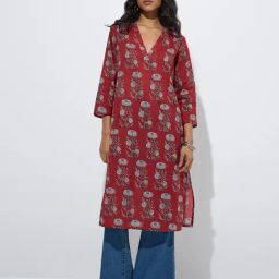 Utsa by Westside Red Mughal-Inspired Straight Cotton Kurta-20