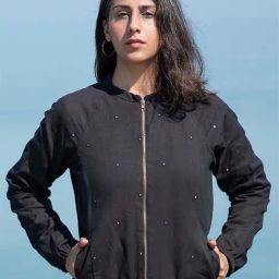 Okhai Sitaare Black Pure Cotton Hand Embroidered Bomber Jacket-picture-17