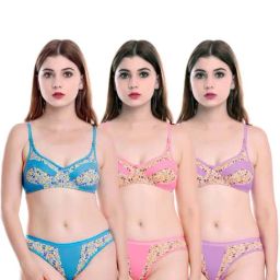 AROUSY Pink & Blue Cotton Printed Bra Panty Set - Pack Of 3-image-77