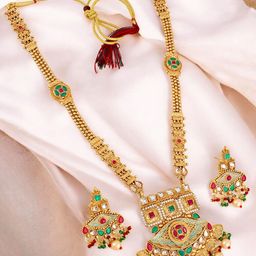 LUCKY JEWELLERY Gold-Plated Artificial Stone Studded & Beaded Jewellery Set-24