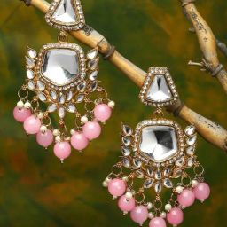 Zeneme Gold Plated Mirror Studded Kundan Classic Pink Pearl Dangler Earrings-27