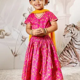 Vastramay Girls Pink Cotton Regular Fit Floral Print Lehenga Choli-picture-6