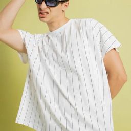 Bewakoof White Relaxed Fit Striped T-Shirt-image-74