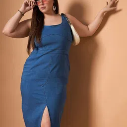 SASSAFRAS Curve Denim Sheath Midi Dress-image-56