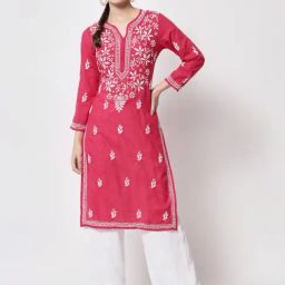 PARAMOUNT CHIKAN Magenta Pink Cotton Hand Embroidered Chikankari Straight Kurta-image-93