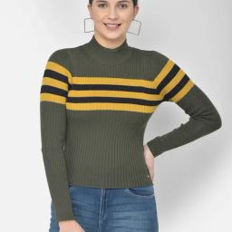 NUMERO UNO Olive Cotton Striped Sweater-35