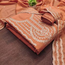 HERE&NOW Floral Embroidered Thread Work Silk Georgette Unstitched Dress Material-image-40
