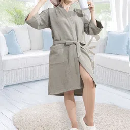 HotGown Olive Green Textured Pure Cotton Waffle Bathrobe-image-90