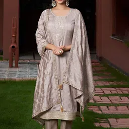 SWEETPEL Adults-Women Woven Design Embroidered Kurta with Trousers & Dupatta-picture-42