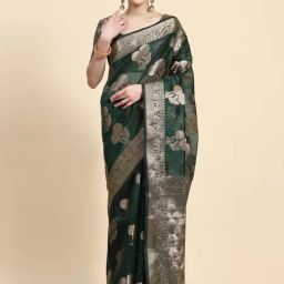 JUST FASHION Green Woven Saree With Unstitched Blouse-picture-20