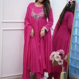 KALINI Floral Yoke Design Empire Thread Work Anarkali Kurta With Trousers & Dupatta-10