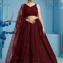 FABPIXEL Embroidered Sequinned Semi-Stitched Lehenga & Unstitched Blouse With Dupatta-image-98