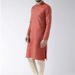 DEYANN Men Red & Cream-Coloured Self Design Kurta with Pyjamas image 3
