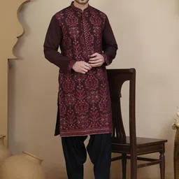 Jompers Men Floral Embroidered Regular Thread Work Kurta with Salwar-image-8