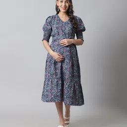Moms Maternity Half Sleeves Seamless Floral Swirl Printed Maternity Dress With Concealed Zipper Nursing Access - Blue-picture-11