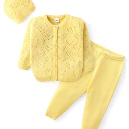Babyhug Knitted Full Sleeves Front Open Sweater Set With Heart Design & Cap - Yellow-image-51