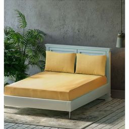 Trance Home Linen Premium Breathable Pure Cotton Double King Fitted Bedsheet with 2 Pillow Cover- Gold-picture-15