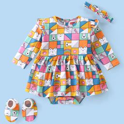 Babyhug Single Jersey Knit Full Sleeves Frock Style Onesie with Headband & Booties Kitten Print - Multicolour-image-71