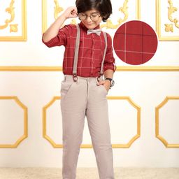 Mark & Mia Full Sleeves Checkered Party Shirt & Trouser Set with Bow & Suspender - Red & Cream-image-14