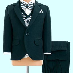 Robo Fry Lycra Knit Full Sleeves Solid & Striped 4 Piece Party Suit with Bow - Dark Green-image-1