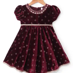 Babyhug Woven Velvet Puffed Sleeves Foil Printed Embroidered Ethnic Dress - Maroon-picture-28