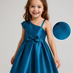 Babyhug Woven One Shoulder Sleeves Solid Colour Pleated Party Frock with Bow Applique- Navy Blue-image-91