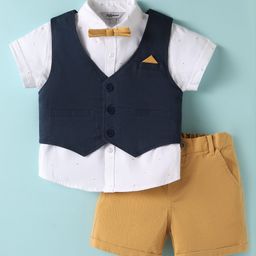 ToffyHouse Cotton Knit Half Sleeves Solid 3 Piece Party Suit With Bow - Navy Blue White & Gold-image-46