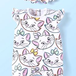 Babyhug Disney Interlock Knit Frill Sleeves Romper With Aristocats Marie Graphics & Headband - White-image-79
