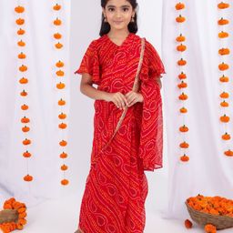 MASTARANG Bandhani Designed Saree With Half Flutter Sleeves Coordinating Blouse Set - Red-image-8