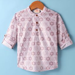 Rikidoos Full Sleeves Abstract Printed Textured Kurta Style Shirt - Onion Pink-image-0