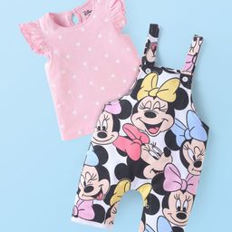 Babyhug Disney Single Jersey Knit Dungaree & Frill Sleeves Polka Dot Printed T-Shirt With Minnie Mouse Graphics - White & Pink-picture-44