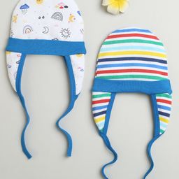 BUMZEE Cotton Pack Of 2 Striped & Rainbows Printed Tying Caps With Ear Flaps - Blue & Multi Colour-picture-12