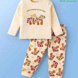 Babyoye 100% Cotton Knit Full Sleeves Night Suit with Bunch Of Funguys Text Print - Cream-image-2