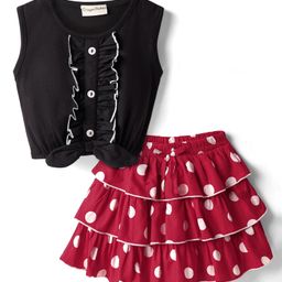 CrayonFlakes Cotton Sleeveless Frill Detailed Top & Polka Dots Printed Layered Skirt Set - Black & Red-image-17