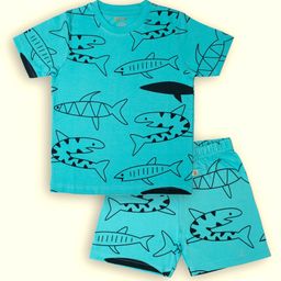 Lil' Roos Cotton Knit Half Sleeves Fish Printed Coordinating Tee & Shorts Set - Radiant Blue-image-82