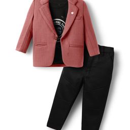 Dapper Dudes Full Sleeves Self Designed Blazer With Typography Printed Tee & Pant Set - Brown-image-32
