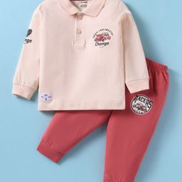 CUCUMBER Sinker Knit Full Sleeves Polo T-Shirt & Lounge Pant Set with Car Print - Red & Light Pink-image-94