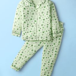 Doreme Cotton Knit Full Sleeves Co-ords Night Suit With Hearts Print - Light Green-image-22