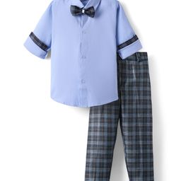 Rikidoos Full Sleeves Solid Shirt & Checked Pant With Bow Set - Sky & Navy Blue-picture-27