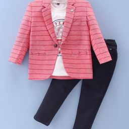 Dapper Dudes Full Sleeves Striped Blazer With Typography Printed Tee & Pant Set - Pink-picture-16