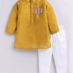 LITTLE COLLARS Silk Woven Raksha Bandhan Theme Full Sleeves Bro Text Shaped Sequins & Pearls Embellished Kurta Pyjama Set - Mustard-image-52