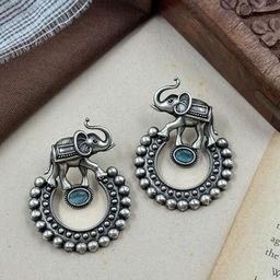 NAMAN ARTS Silver-Plated Artificial Stones Studded Oxidised Contemporary Drop Earrings-1