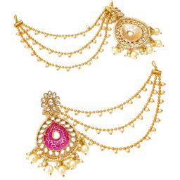 aadita Gold-Toned & Pink Teardrop Shaped Drop Earrings with Hair-chain image 4