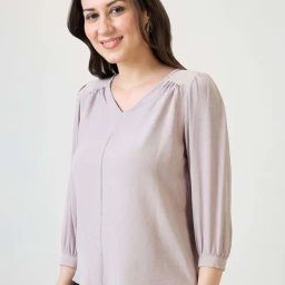 Globus Women Grey Self Design V-Neck Gathered detail Workwear Top-image-1