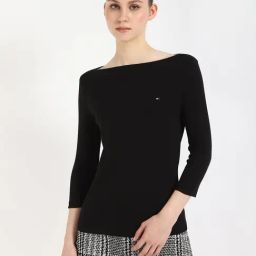 TOMMY HILFIGER Black Cotton Solid Three-Quarter Sleeves T-Shirt-41