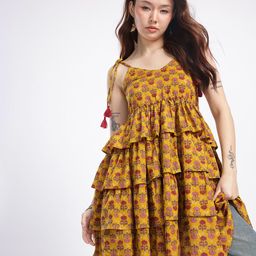 glitchez Ethnic Motifs Printed Shoulder Straps A-Line Tiered Dress-image-11