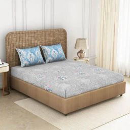Spaces Grey 144 TC Cotton Printed Large Bed Sheet with 2 Pillow Covers-image-81